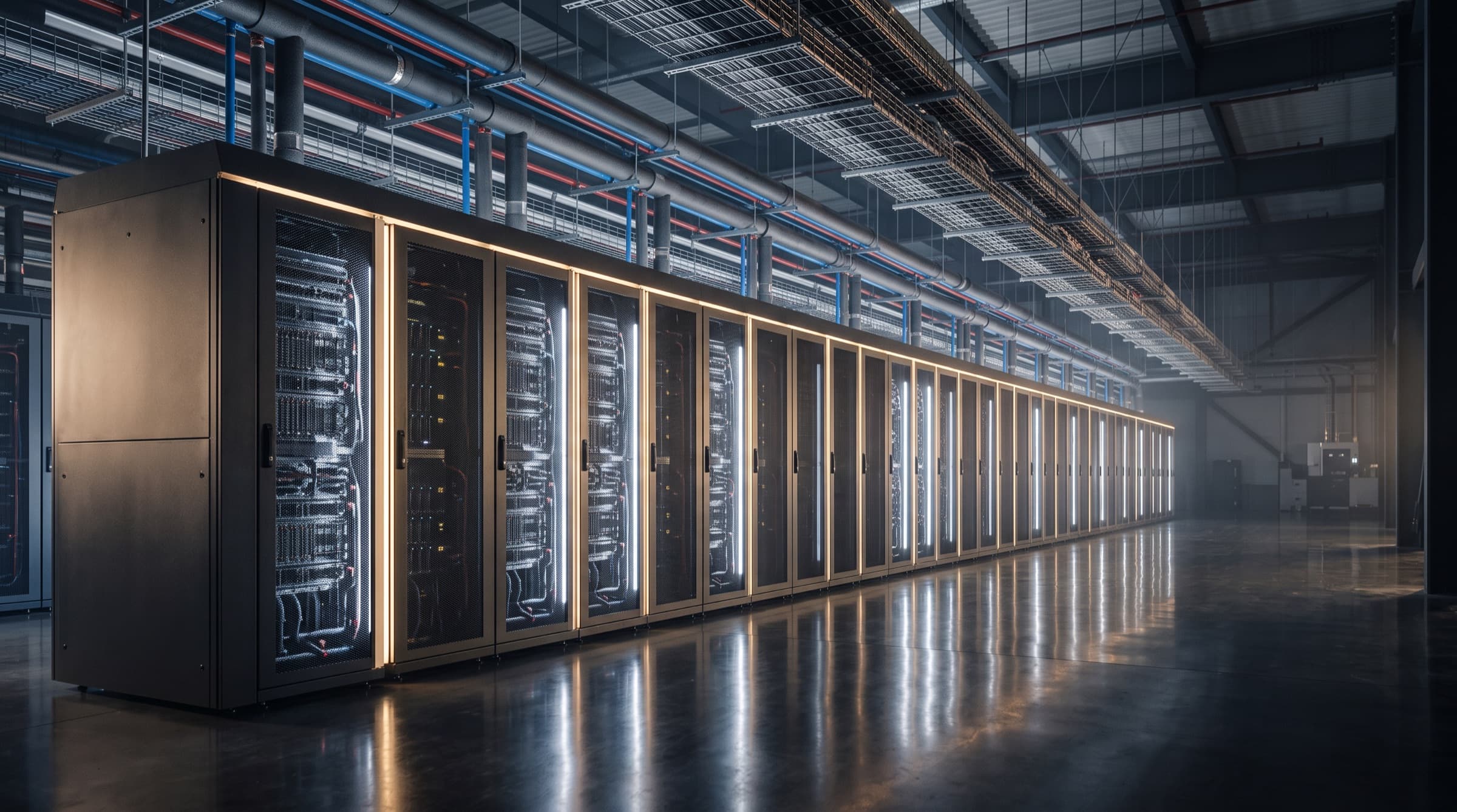 A row of liquid-cooled AI racks in a datacentre hall