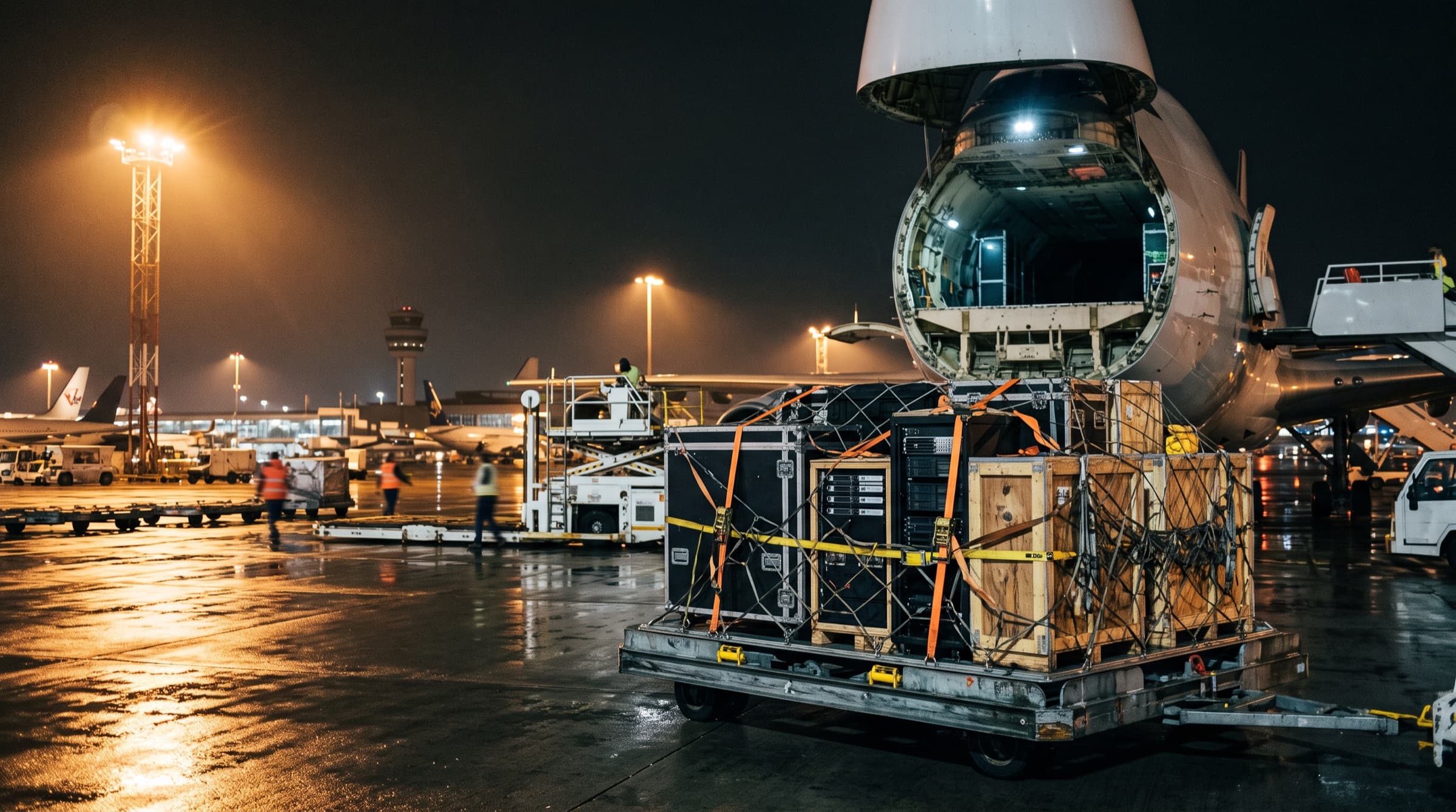 Crated servers on an air cargo pallet beside a freighter at night